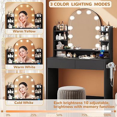 Vanity Desk with Arched Mirror, LED Lights 3 Colors