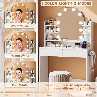 Vanity Desk with Arched Mirror, LED Lights 3 Colors