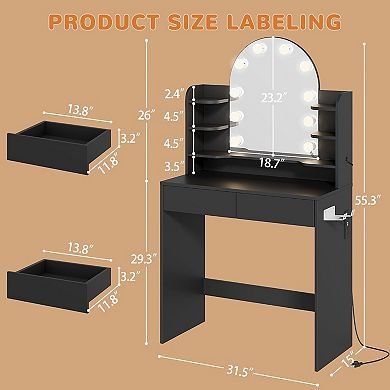 Vanity Desk with Arched Mirror, LED Lights 3 Colors