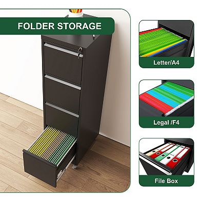 VIYET 4-Drawer Vertical File Cabinet with Lock - Mobile Locking Metal Filing Cabinet on Wheels