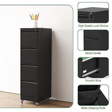 VIYET 4-Drawer Vertical File Cabinet with Lock - Mobile Locking Metal Filing Cabinet on Wheels
