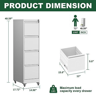 VIYET 4-Drawer Vertical File Cabinet with Lock - Mobile Locking Metal Filing Cabinet on Wheels