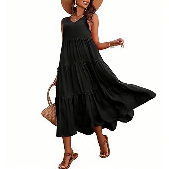 Women's Beach Casual Dress Sleeveless V Neck Tiered Midi Dress Flowy Hem Summer Dress