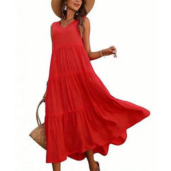 Women's Beach Casual Dress Sleeveless V Neck Tiered Midi Dress Flowy Hem Summer Dress