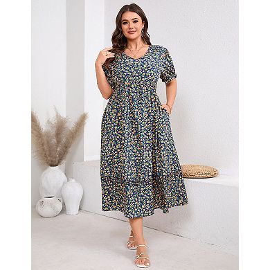 Women's Plus Size V Neck High Waist Midi Dress with Pockets