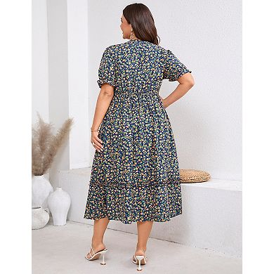 Women's Plus Size V Neck High Waist Midi Dress with Pockets