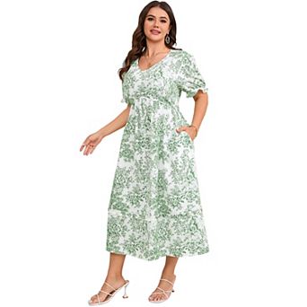 Women's Plus Size V Neck High Waist Midi Dress with Pockets