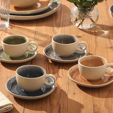 Gibson Elite Manila Bay 8 Piece Stoneware Espresso Cup and Saucer Set Reactive Glaze