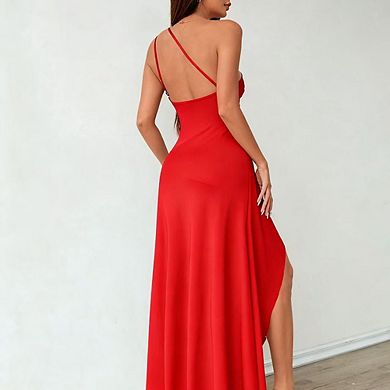 One Shoulder Ruched Waist Asymmetrical Hem Maxi Dress