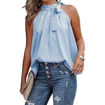 Women Sleeveless Satin Halter Tank Top Blouses Leopard Loose Casual Tie Mock Neck Side Bow Shirt