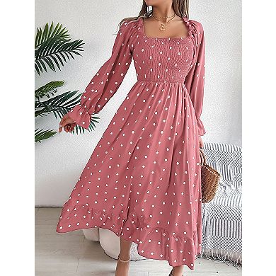 Women's Square Neck Ruffle Hem Polka Dot Maxi Dress Smocked Bodice A Line Flowy Dresses