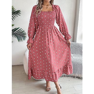 Women's Square Neck Ruffle Hem Polka Dot Maxi Dress Smocked Bodice A Line Flowy Dresses