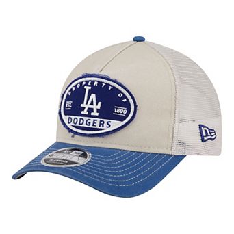 Men's New Era Light Beige/Royal Los Angeles Dodgers Frayed M-Crown A-Frame 9FORTY Trucker Adjustable Hat