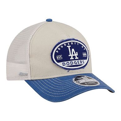 Men's New Era Light Beige/Royal Los Angeles Dodgers Frayed M-Crown A-Frame 9FORTY Trucker Adjustable Hat