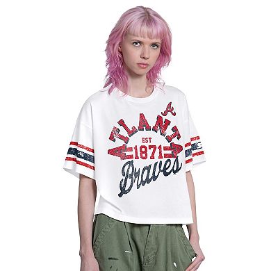 Women's Starter White Atlanta Braves Cropped Hurry Up Offense T-Shirt