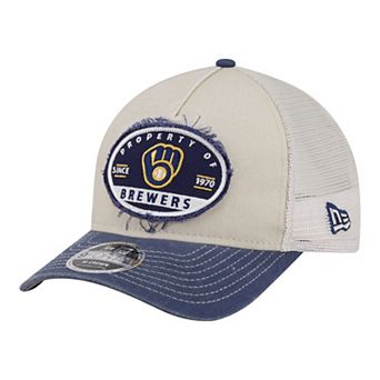 Men's New Era Light Beige/Navy Milwaukee Brewers Frayed M-Crown A-Frame 9FORTY Trucker Adjustable Hat