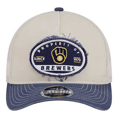 Men's New Era Light Beige/Navy Milwaukee Brewers Frayed M-Crown A-Frame 9FORTY Trucker Adjustable Hat