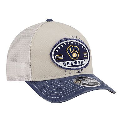 Men's New Era Light Beige/Navy Milwaukee Brewers Frayed M-Crown A-Frame 9FORTY Trucker Adjustable Hat