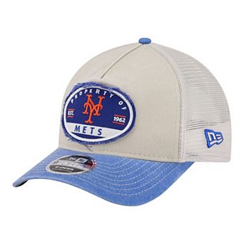 Men's New Era Light Beige/Royal New York Mets Frayed M-Crown A-Frame 9FORTY Trucker Adjustable Hat