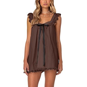 Women's Lace Trim Satin Babydoll Dress Bow Back Ruffle Sleeve Vacation Mini Dress