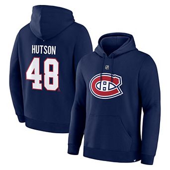 Men's Fanatics Lane Hutson Navy Montreal Canadiens Authentic Stack Name & Number Hoodie