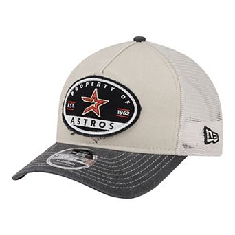 Men's New Era Light Beige/Black Houston Astros Frayed M-Crown A-Frame 9FORTY Trucker Adjustable Hat