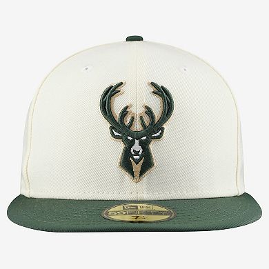 Men's New Era White/Hunter Green Milwaukee Bucks Chrome Two-Tone 59FIFTY Fitted Hat