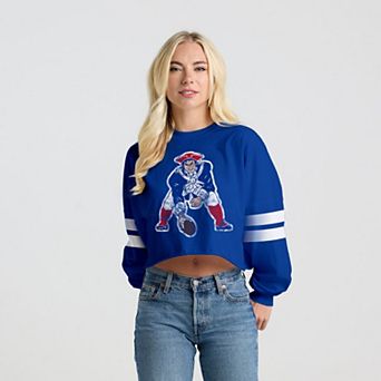 Women's Spirit Jersey Royal New England Patriots Oversized Cropped Stripe Long Sleeve T-Shirt