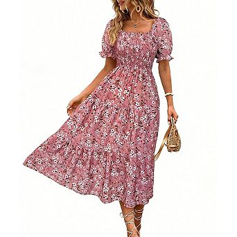 Women's Square Neck Puff Sleeve Printed Dress Smocked Waist Dress