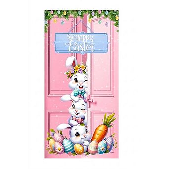 Happy Easter Door Cover Banner with Pink Bunny and Eggs, 72.8x35.4 Inch