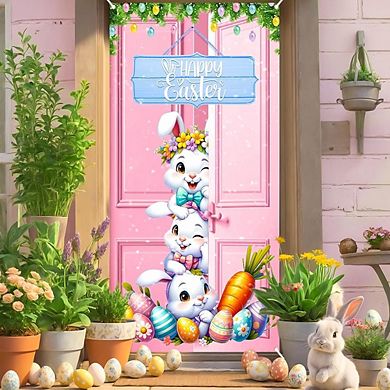Happy Easter Door Cover Banner with Pink Bunny and Eggs, 72.8x35.4 Inch