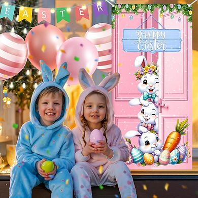 Happy Easter Door Cover Banner with Pink Bunny and Eggs, 72.8x35.4 Inch