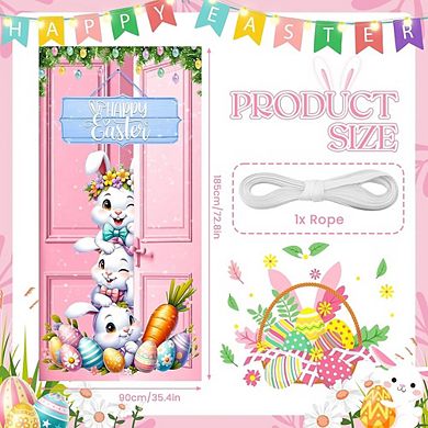 Happy Easter Door Cover Banner with Pink Bunny and Eggs, 72.8x35.4 Inch