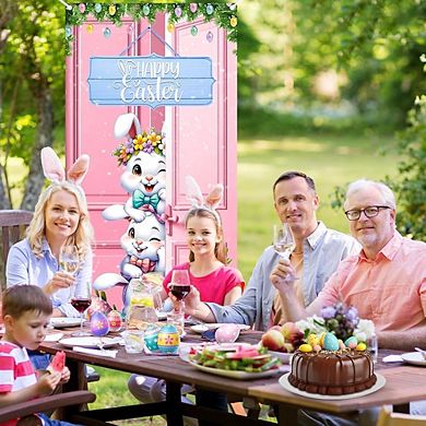 Happy Easter Door Cover Banner with Pink Bunny and Eggs, 72.8x35.4 Inch