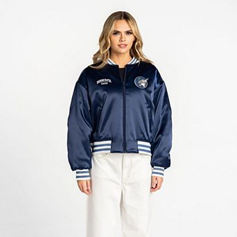 Women's The Wild Collective Blue Minnesota Lynx Oversized Cropped Satin Full-Zip Bomber Jacket