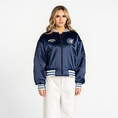 Women's The Wild Collective Blue Minnesota Lynx Oversized Cropped Satin Full-Zip Bomber Jacket