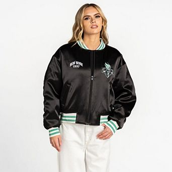 Women's The Wild Collective Black New York Liberty Oversized Cropped Satin Full-Zip Bomber Jacket