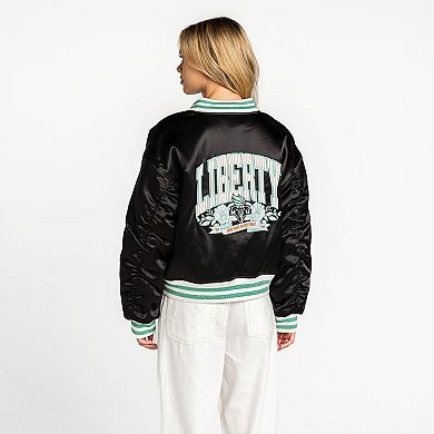 Women's The Wild Collective Black New York Liberty Oversized Cropped Satin Full-Zip Bomber Jacket