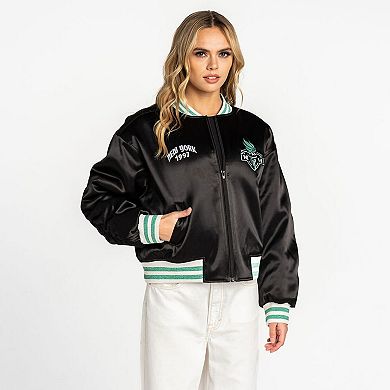 Women's The Wild Collective Black New York Liberty Oversized Cropped Satin Full-Zip Bomber Jacket