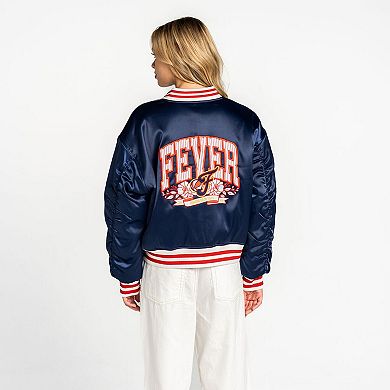 Women's The Wild Collective Navy Indiana Fever Oversized Cropped Satin Full-Zip Bomber Jacket