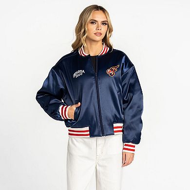 Women's The Wild Collective Navy Indiana Fever Oversized Cropped Satin Full-Zip Bomber Jacket
