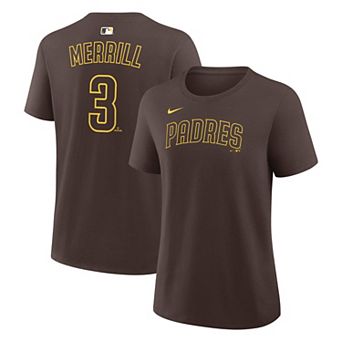 Women's Nike Jackson Merrill Brown San Diego Padres Name & Number T-Shirt