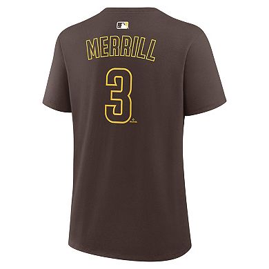 Women's Nike Jackson Merrill Brown San Diego Padres Name & Number T-Shirt