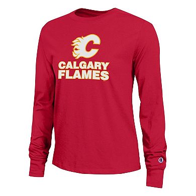 Women's Champion Red Calgary Flames Wordmark Lockup Long Sleeve T-Shirt