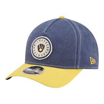 Men's New Era Navy/Gold Milwaukee Brewers Felt M-Crown A-Frame 9FORTY Adjustable Hat