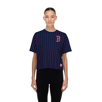 Women's New Era Navy Boston Red Sox Throwback Meshback Pinstripe Boxy T-Shirt