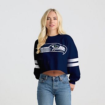Women's Spirit Jersey College Navy Seattle Seahawks Oversized Cropped Stripe Long Sleeve T-Shirt