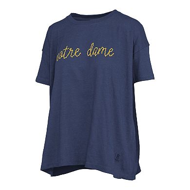 Women's Pressbox Navy Notre Dame Fighting Irish Swirl Script Twisted Team Color Stitched Oversized T-Shirt