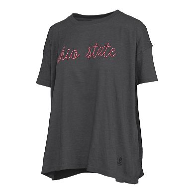 Women's Pressbox Black Ohio State Buckeyes Swirl Script Twisted Team Color Stitched Oversized T-Shirt