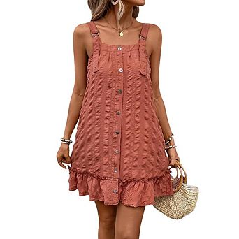 Summer Casual Dresses for Women Square Neck Button Down Ruffled Hem Short Sleeve Shift Dress